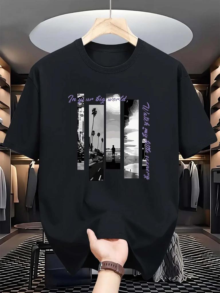 Summer Fashionable  Crew Neck T-Shirt - Men's Casual Short-Sleeve Tee with Seaside Letter Print, Slight Stretch, 180gsm