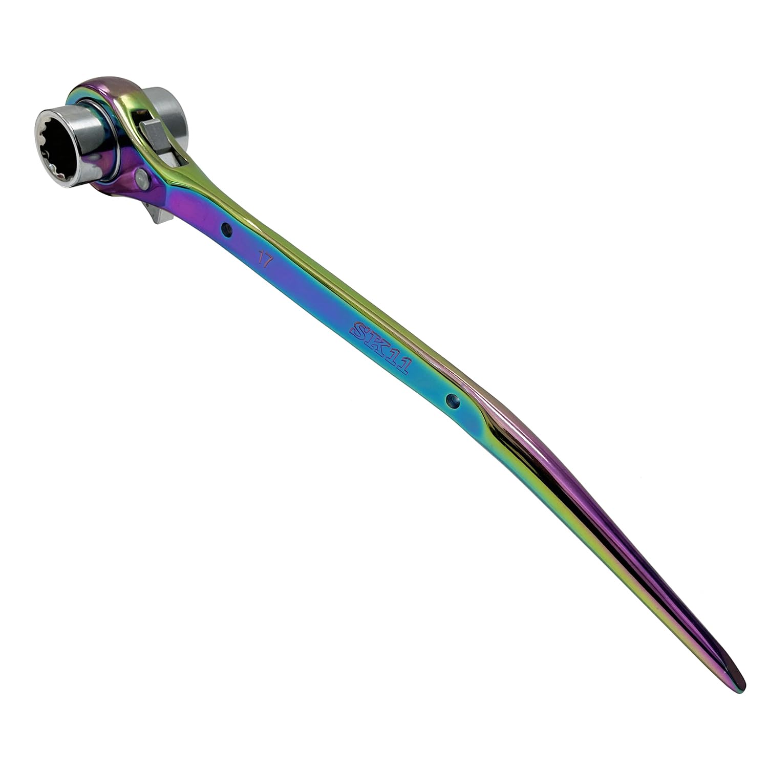 

SK11 SPIDER Ratchet Wrench with Bent Spud 17 x 19mm Double-Ended Head, Rainbow, SPD-R1719LP