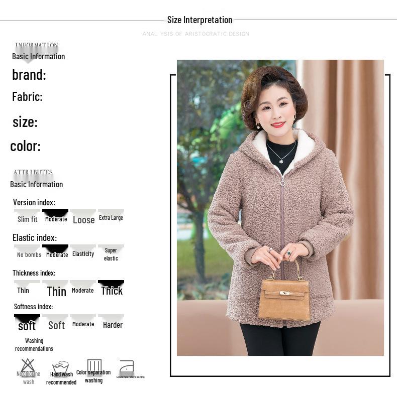 2025 Stylish Winter Coat for Middle-Aged Women: Plus Size, Hooded, Thickened Fleece Jacket with Velvet, Autumn/Winter