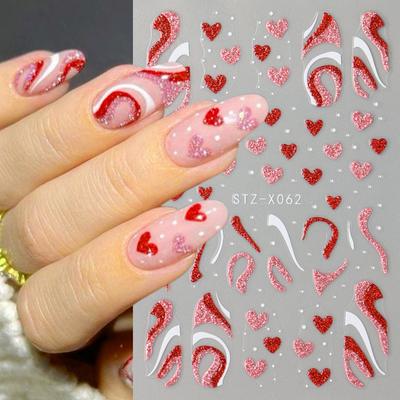 Nail Art Sticker Valentine'S Day French Red Pink Love Irregular Line Glitter Nail Sticker