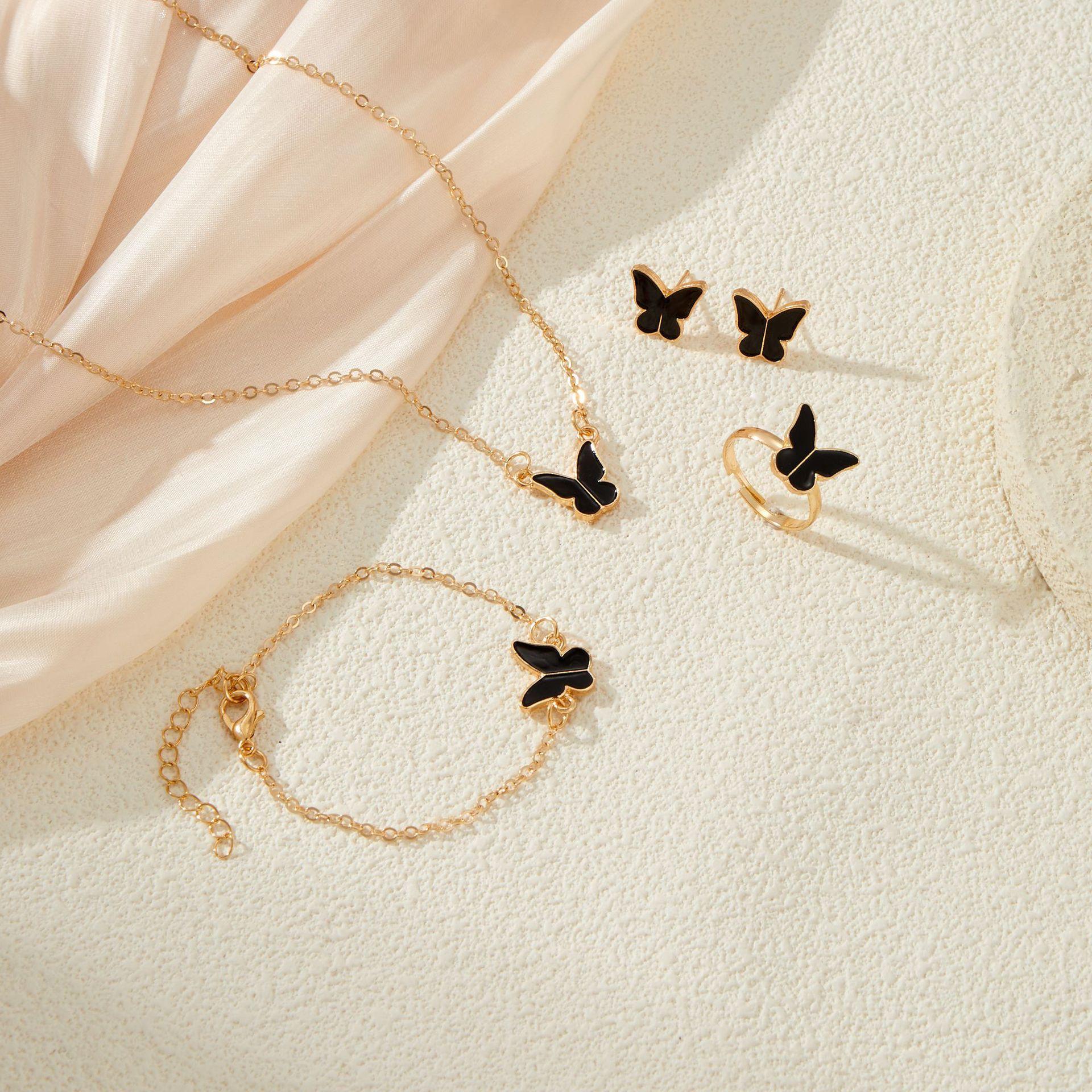 

Exquisite Butterfly White Drip Glaze Ear Studs With Trendy Necklace And Bracelet Set For Women Black Set