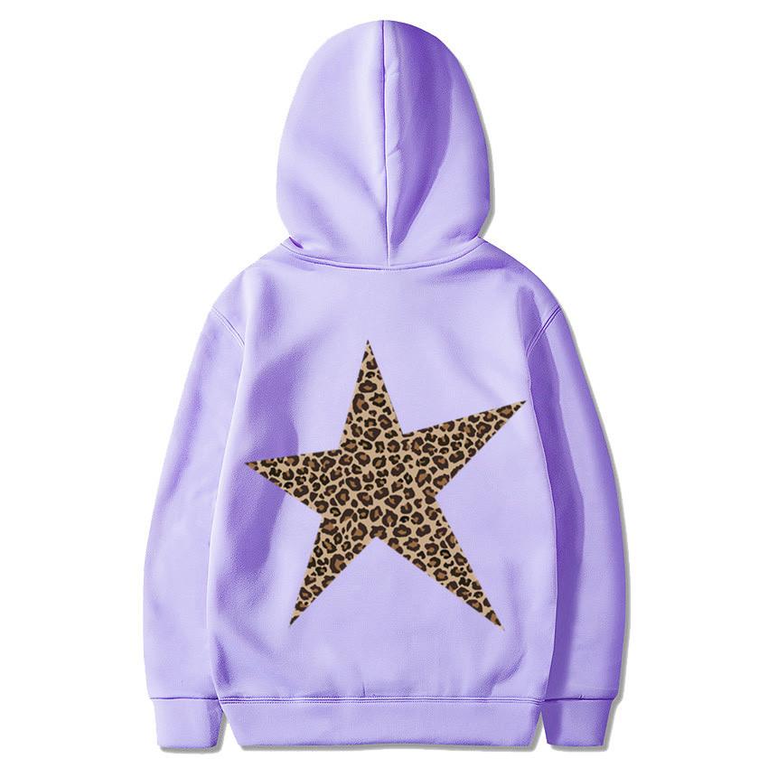 Mode Einfacher Leopardenmuster Fünfzackiger Stern Kapuzenpullover Lässig Locker Kängurutasche Kordelzug Pullover Oberteile