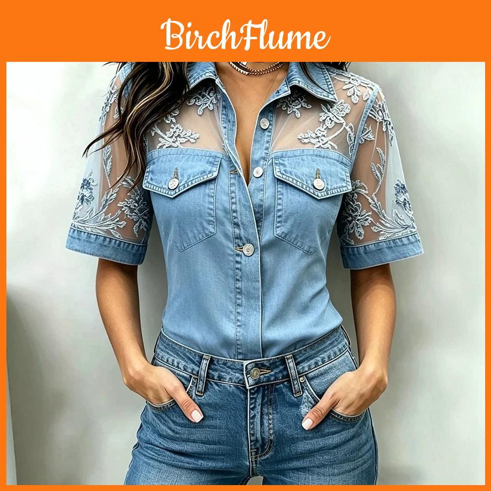 Women Casual Loose Fit Denimstyle Spliced Top With V Neck And Floral Embroidery For Fashionable Streetwear