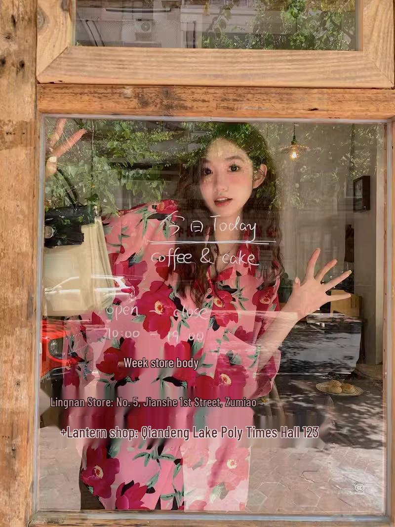 

Женская розовая куртка-рубашка с цветочным принтом - летняя мода в гонконгском стиле, короткий рукав XL