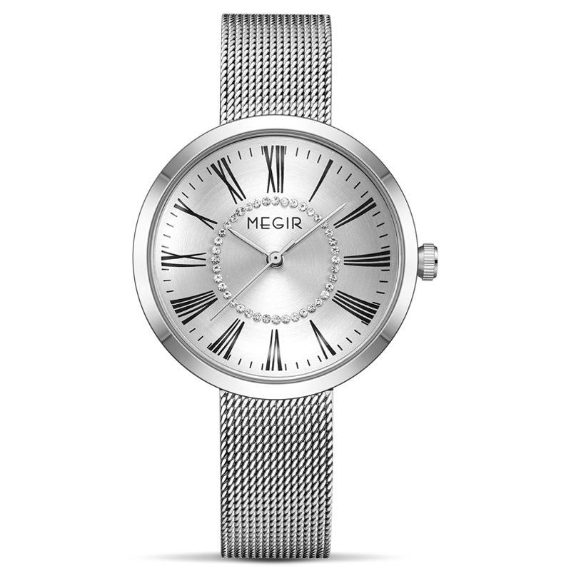 Classic Business Women Quartz Watch Round Roman Dial Rhinestone Ring Decor Mesh Strap Daily Waterproof Wrist Watch
