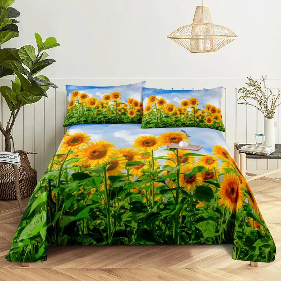 Sunflower Bed Sheets and Pillowcases for Single Double Beds Bedsheets Set with Pillow Case 2pcs 3pcs Queen Full Size 3D Soft