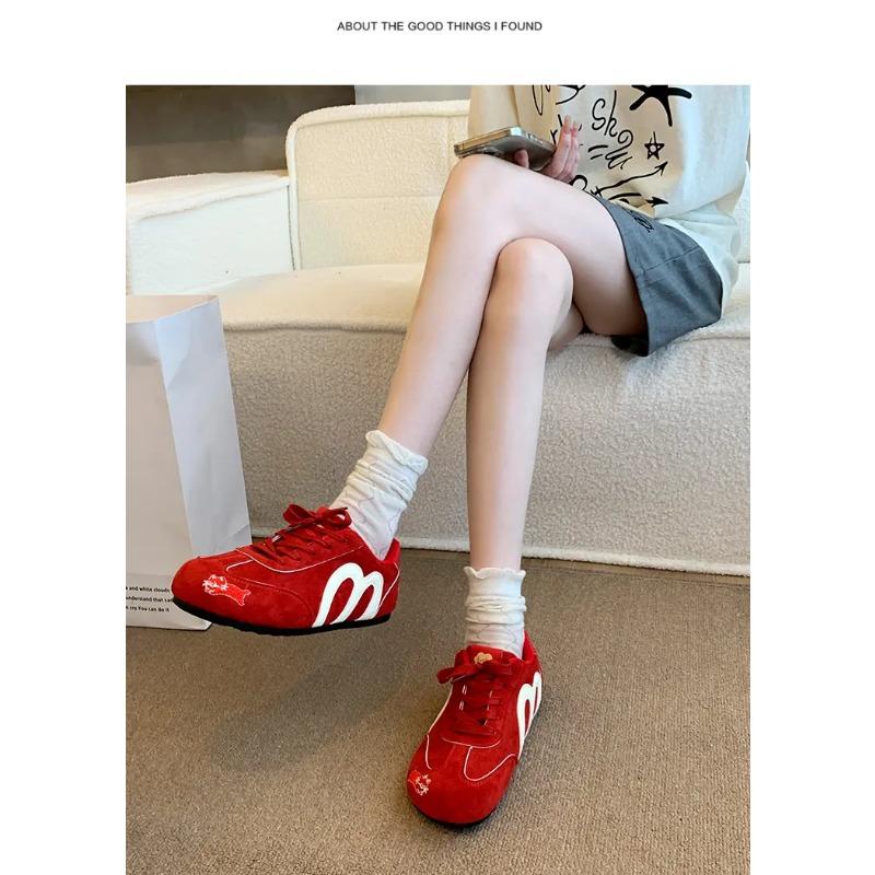 Women's Suede Cat Embroidery Casual Sneakers Retro M-Design Lace-Up Trainers Lightweight Soft Sole Walking Shoes