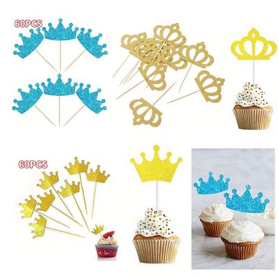 60PCS Glitter Crown Cupcake Toppers Gold Blue Cake Decoration Pick Birthday Wedding Party Supplies DIY Baking Accessories