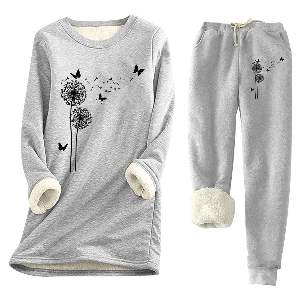 Women's Print Round Neck Warm Suit Long Sleeve Fleece Drawstring Sweatpants Two-Piece Set