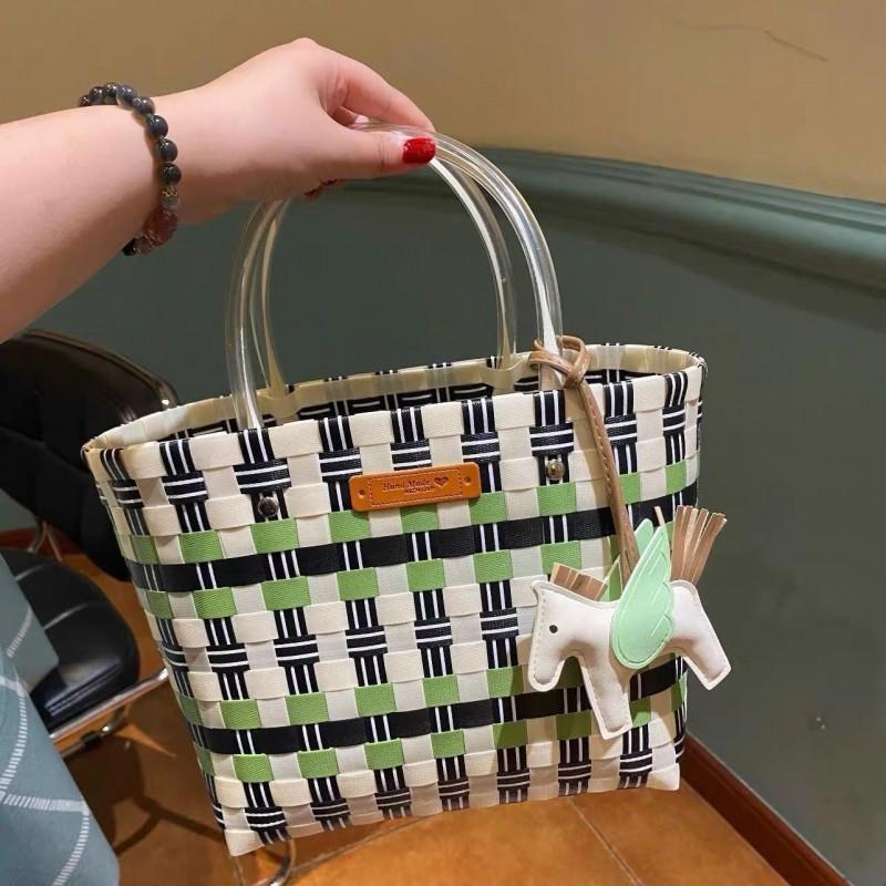 

Pony Tote Bag Plastic Woven Handbag Large Capacity Portable Basket Vegetable Hand-woven Splicing Collect and purchase free pony pendant