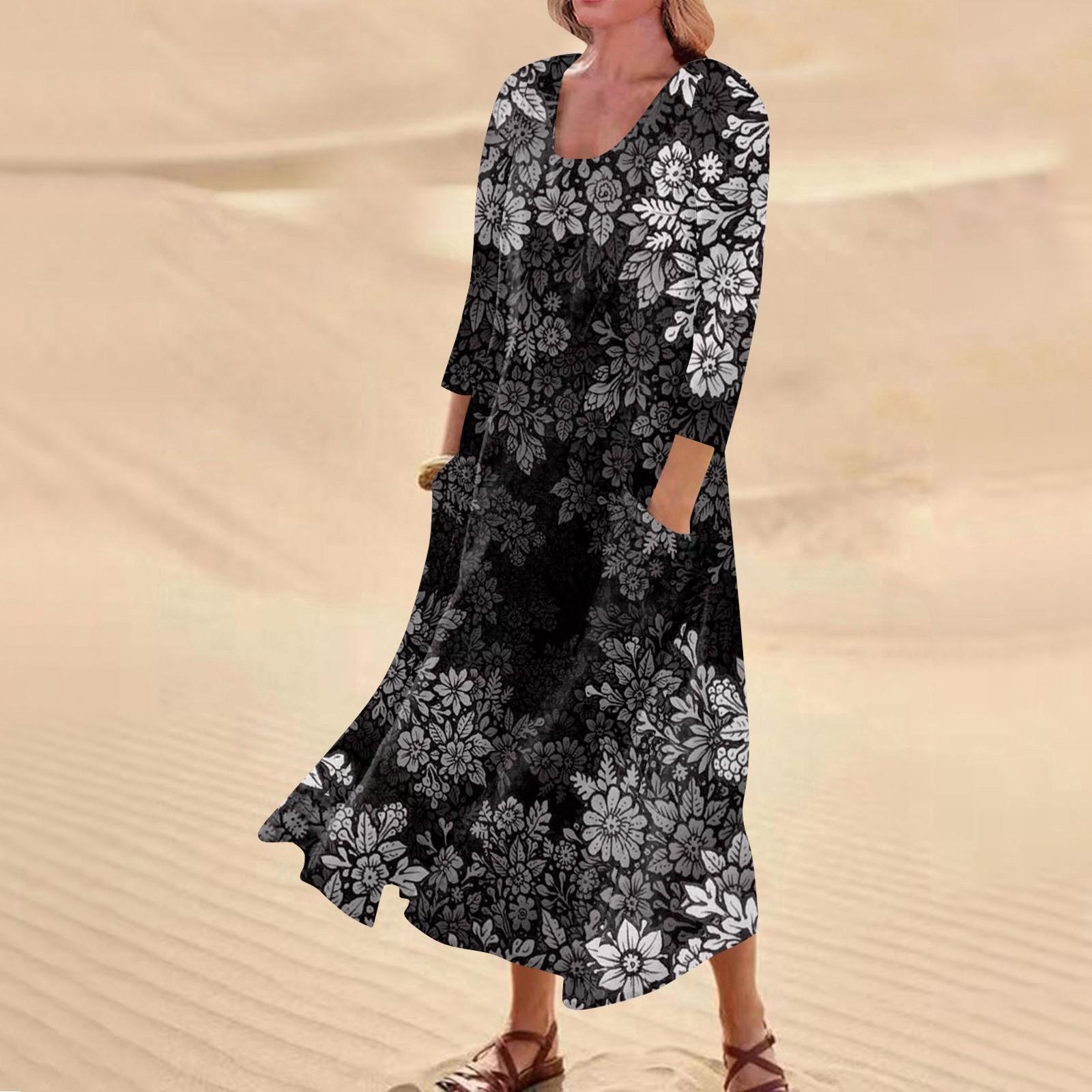 Женское повседневное удобное хлопковое карманное платье с цветочным принтом и рукавами — фото 7