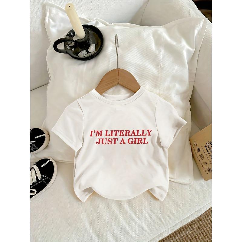 

European size Girls round neck short sleeved T shirt with unique English print 98cm белый