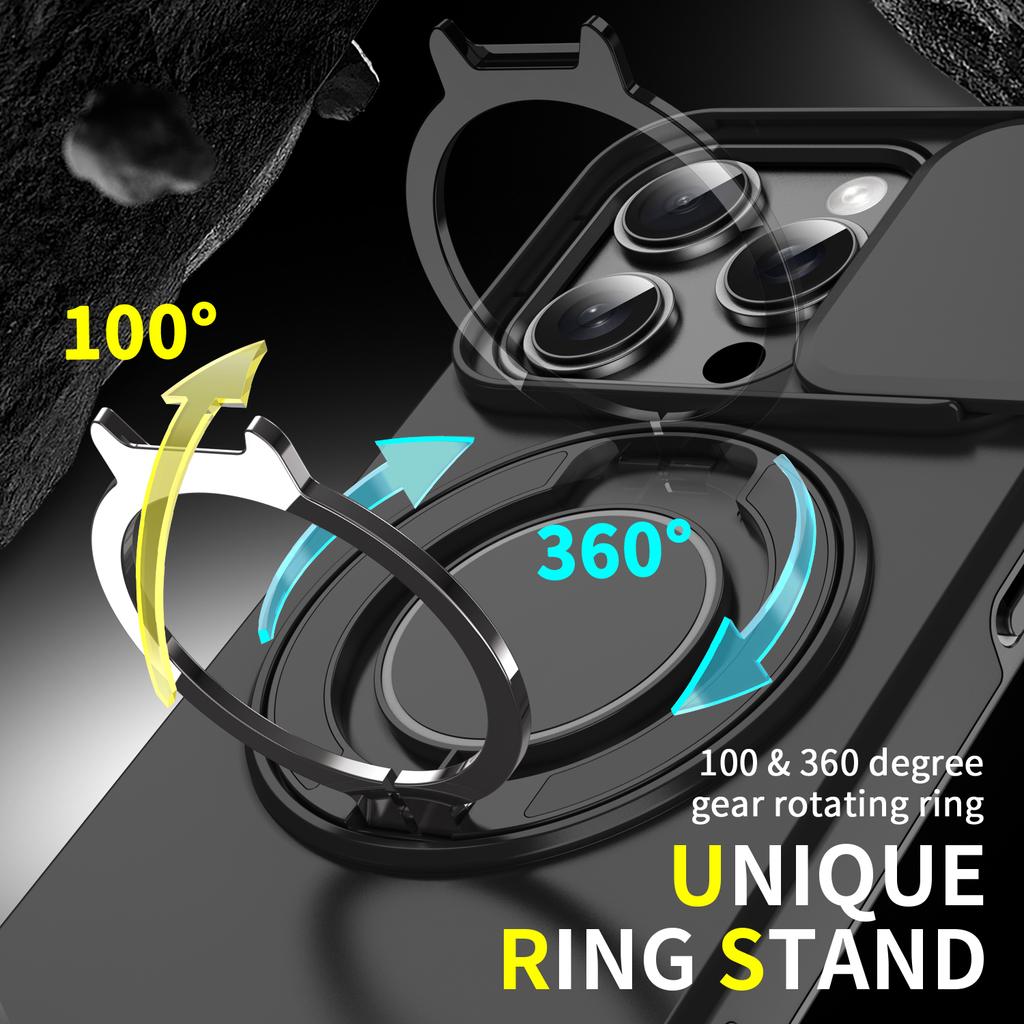 For iPhone 15 Pro Magnetic Phone Case Slide Lens Protection Ring Kickstand TPU+PC Cover