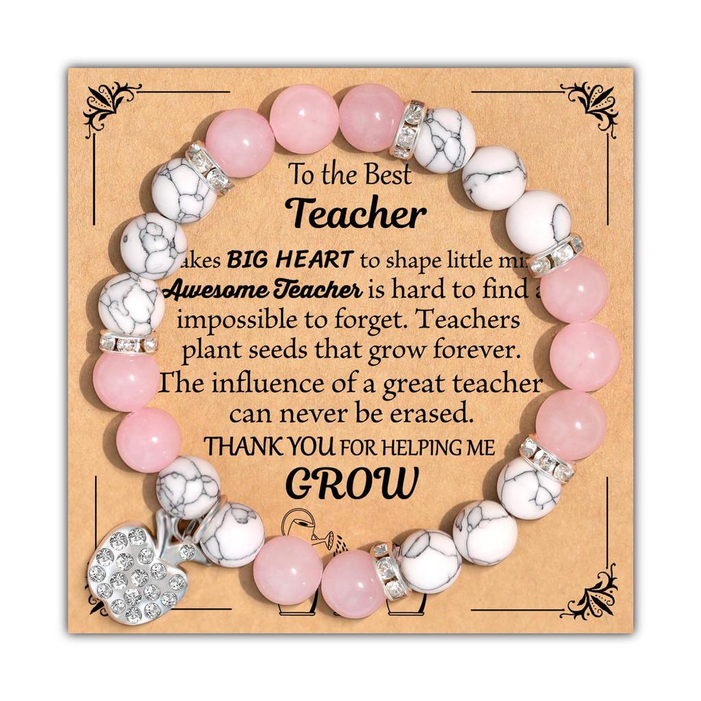Pink Zebra Shoushan Stone Beaded Bracelet with Card Packaging
