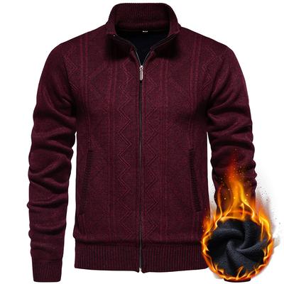 Men's Sweater Autumn and Winter Stand Collar Thick Warm Plus Velvet Cardigan Sweater Jacquard Casual Jacket