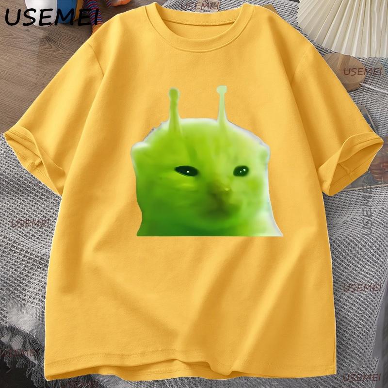 Green Alien Cat T Shirt Women Unisex Cat Meme Tee Glorp Gnarp Cat Brainrot Tshirt Silly Cute TShirt Loose Cotton Short Sleeve
