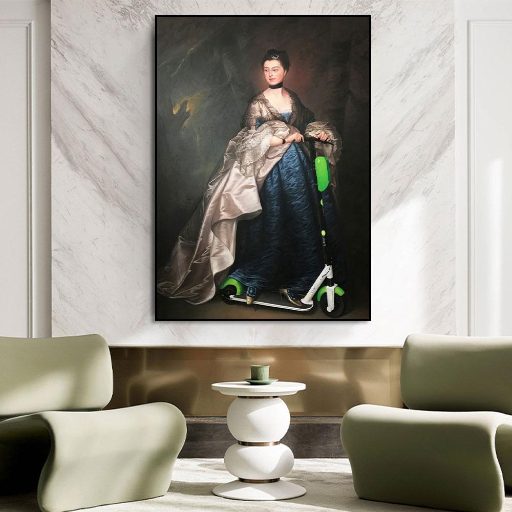 

Смішна європейська середньовічна аристократична леді, яка їздить на електричному скутері, друкує плакати на полотні, настінний живопис для домашнього декору кімнати 21x30cm no frame