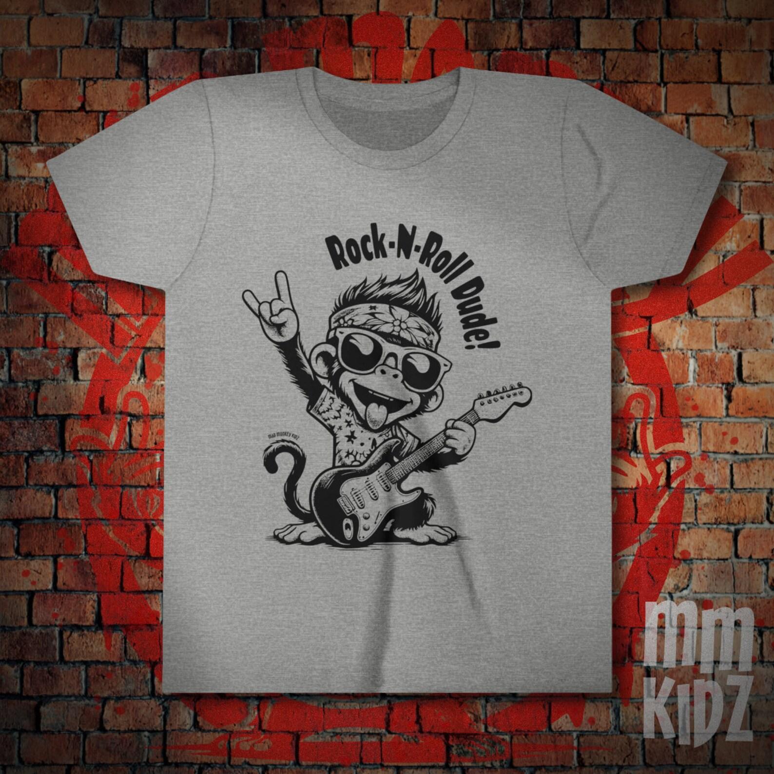 Cute Monkey T-Shirt, Funny Monkey Guitar T Shirt, Rock-N-Roll Dude Graphic Tee, Animal Lover Shirt, Gifts for Kids 110