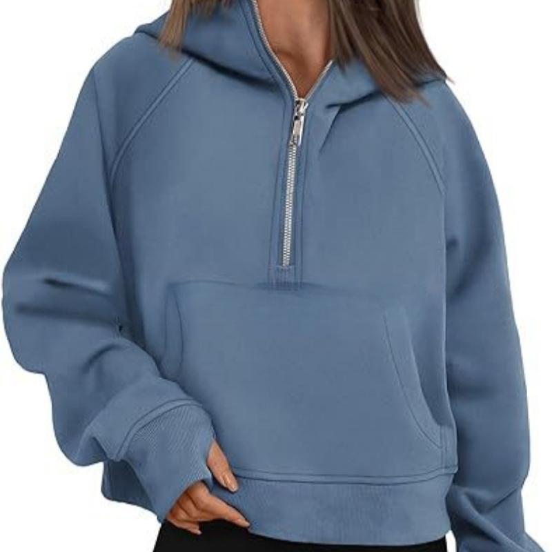 Autumn and Winter Zipper Casual Loose Hoodies Women Tops Fashion Solid Long Sleeve Crop Sweatshirts Women Pocket Simple Office Ladies Hooded 25179