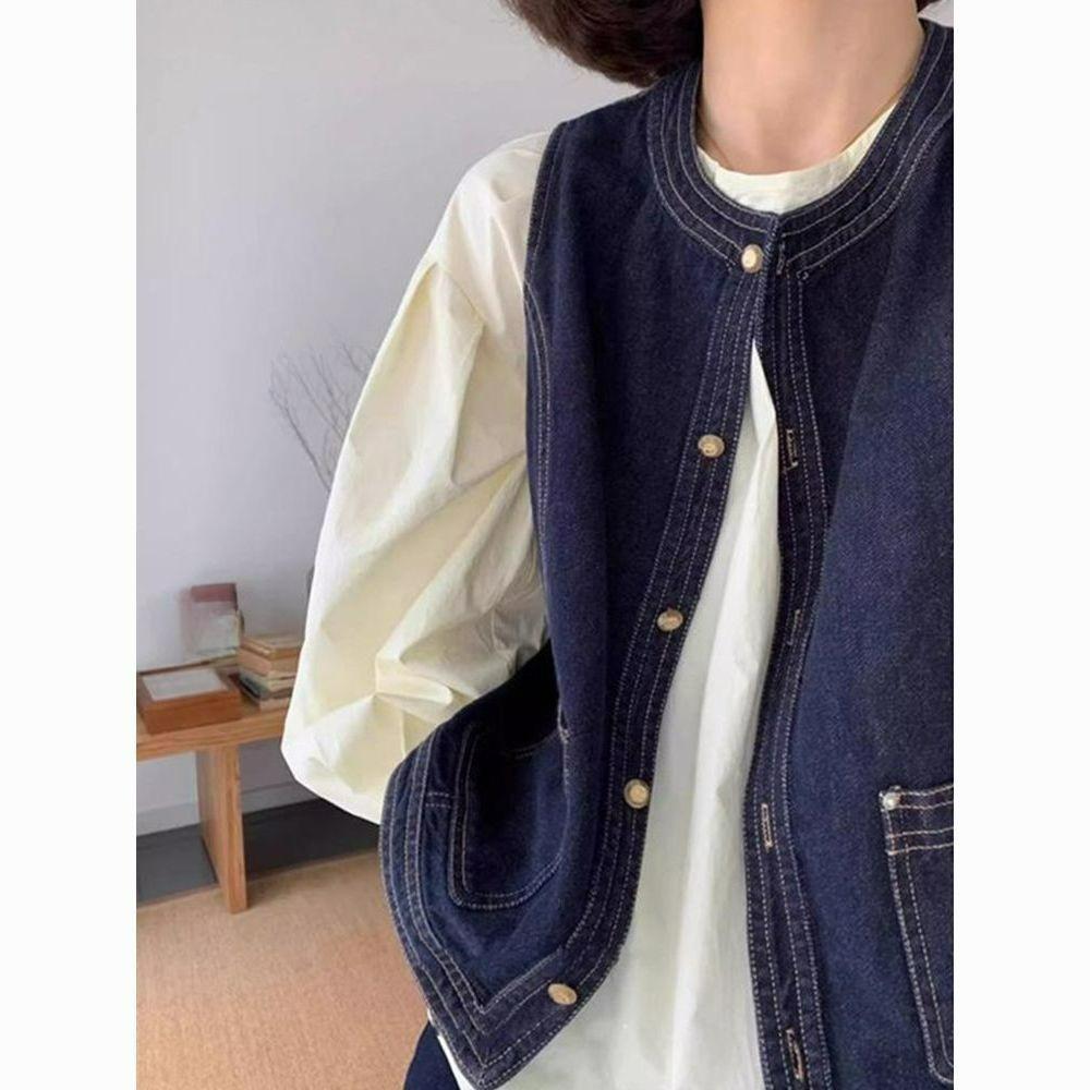 

Retro Denim Vest Women s Spring and Autumn Small Short Stacked Shirt, Small Waistcoat, Outer Top, Waistcoat XS синій