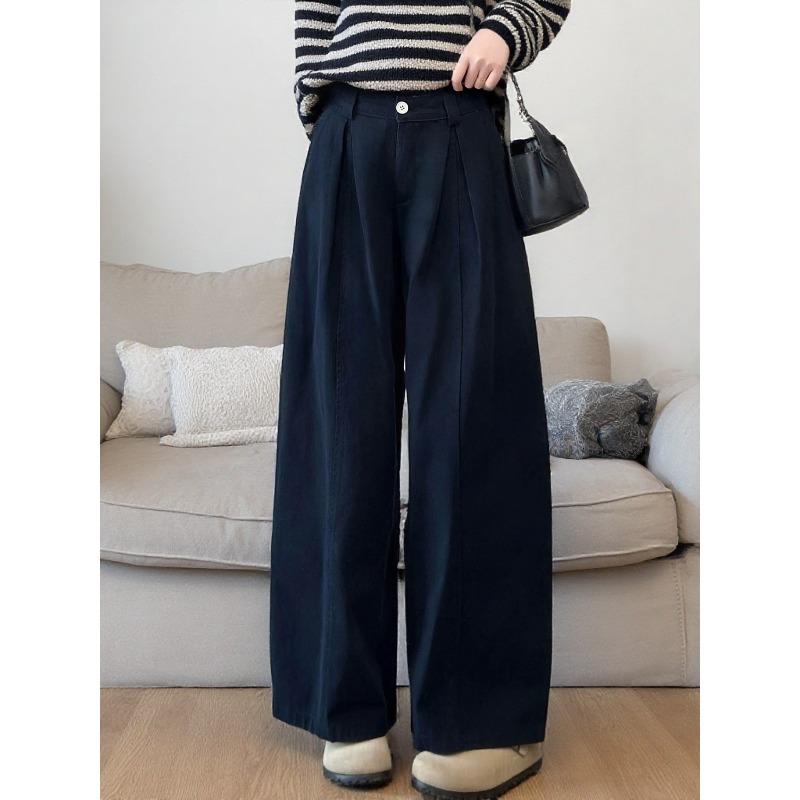 

Early spring new retro elastic high-waisted washed cotton wide-leg pants women s high-waisted loose and thin versatile casual straight-leg pants L темно-синий