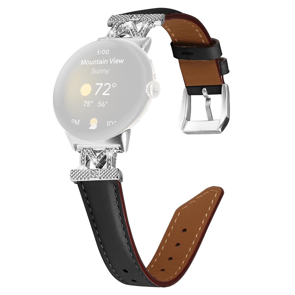 

For Google Pixel Watch 3 41mm/Watch 2/Pixel Watch Silver Buckle Genuine Cowhide Leather Watch Strap with M Shape Rhinestone Decor Black