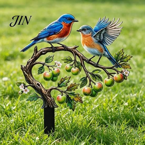 Vibrant Bird Ornament for Lawn Ground Stake, And Fruit Tree Shape, Waterproof Coating Thickened Realistic Painted Yard Decor Iron Outdoor Flower