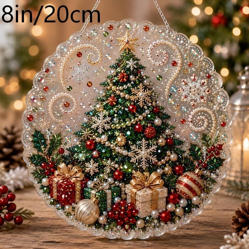 Christmas Pearl Suncatcher Kit, Diy Craft Pre-Assembled Metal Chain, Acrylic Round Board With Lace