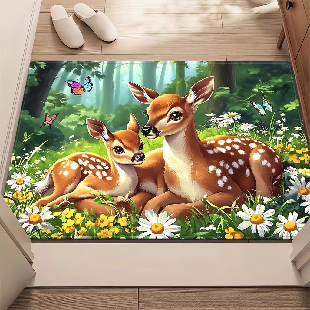 Deer family forest flowers butterfly rug living room decor nature animal print carpet soft plush flooring home decoration