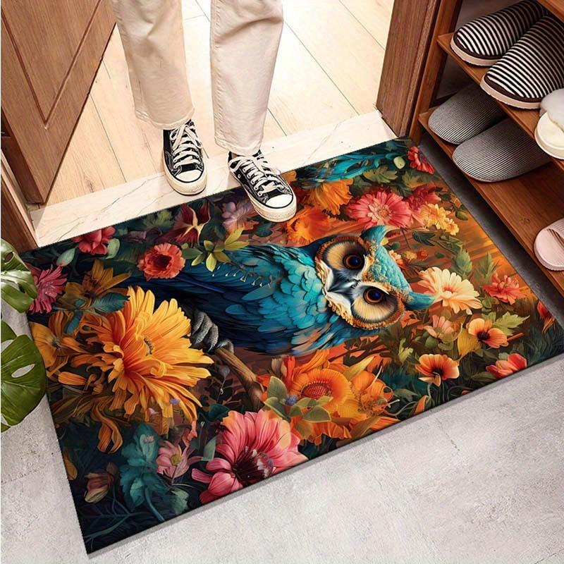 Vibrant Owl & Floral Design Area Rug - Floor Mat Crystal Velvet, Non-Slip, Durable Polyester Mat for Living Room, Bedroom,
