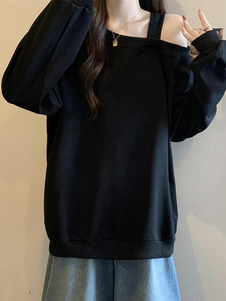 2025 Spring/Autumn Women's Off-the-Shoulder Solid Color Slimming Sweatshirt