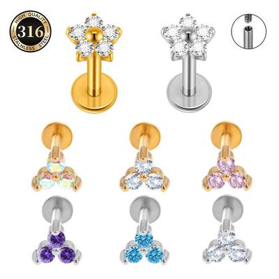 316L Roestvrij Staal Zirconia Bloem Lip en Oor Kraakbeen Stud Piercing Sieraden
