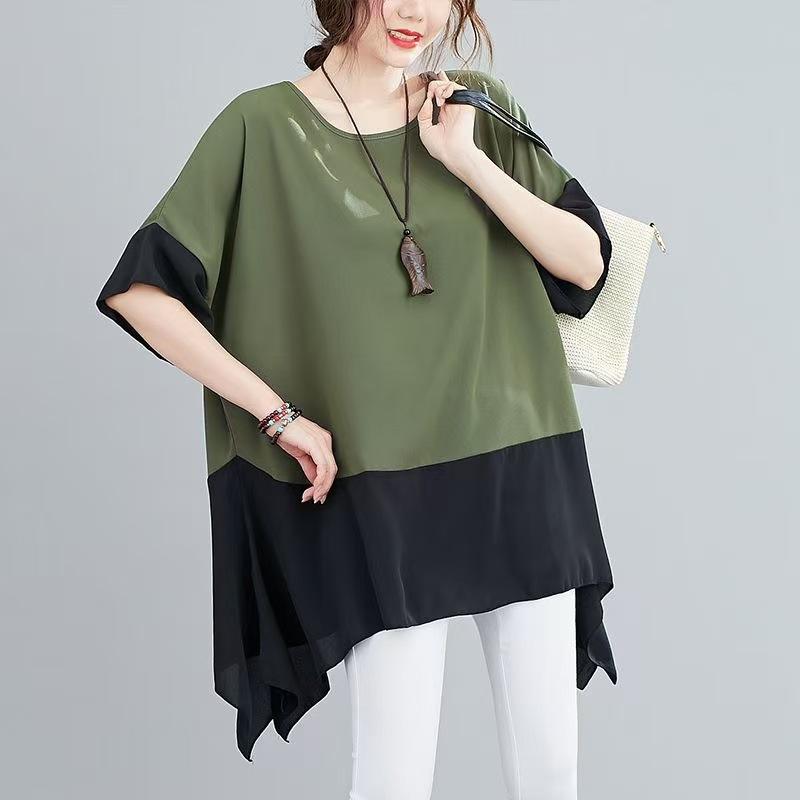 Women's Plus Size Color Block Irregular Hem T Shirt Loose Batwing Short Sleeve Round Neck Summer Casual Blouse