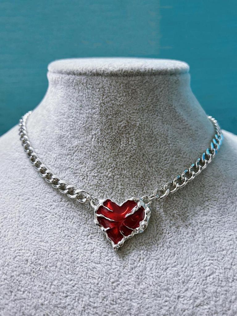 Harajuku Style Red Heart Necklace Alloy Pendant Elegant Chain For Women