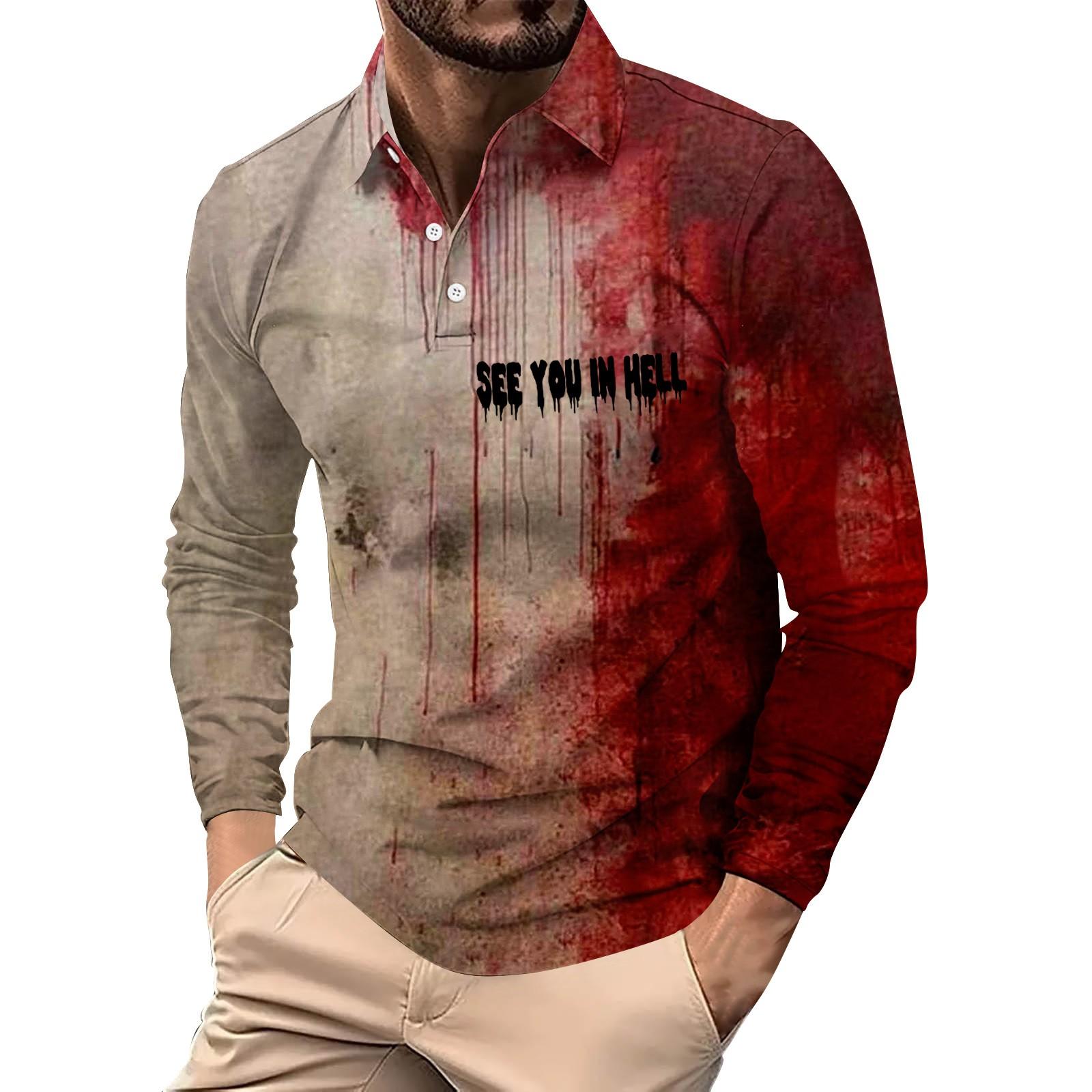 

Мужской свободный и повседневный топ с длинными рукавами на пуговицах с лацканами и принтом букв на Хэллоуин XXXL