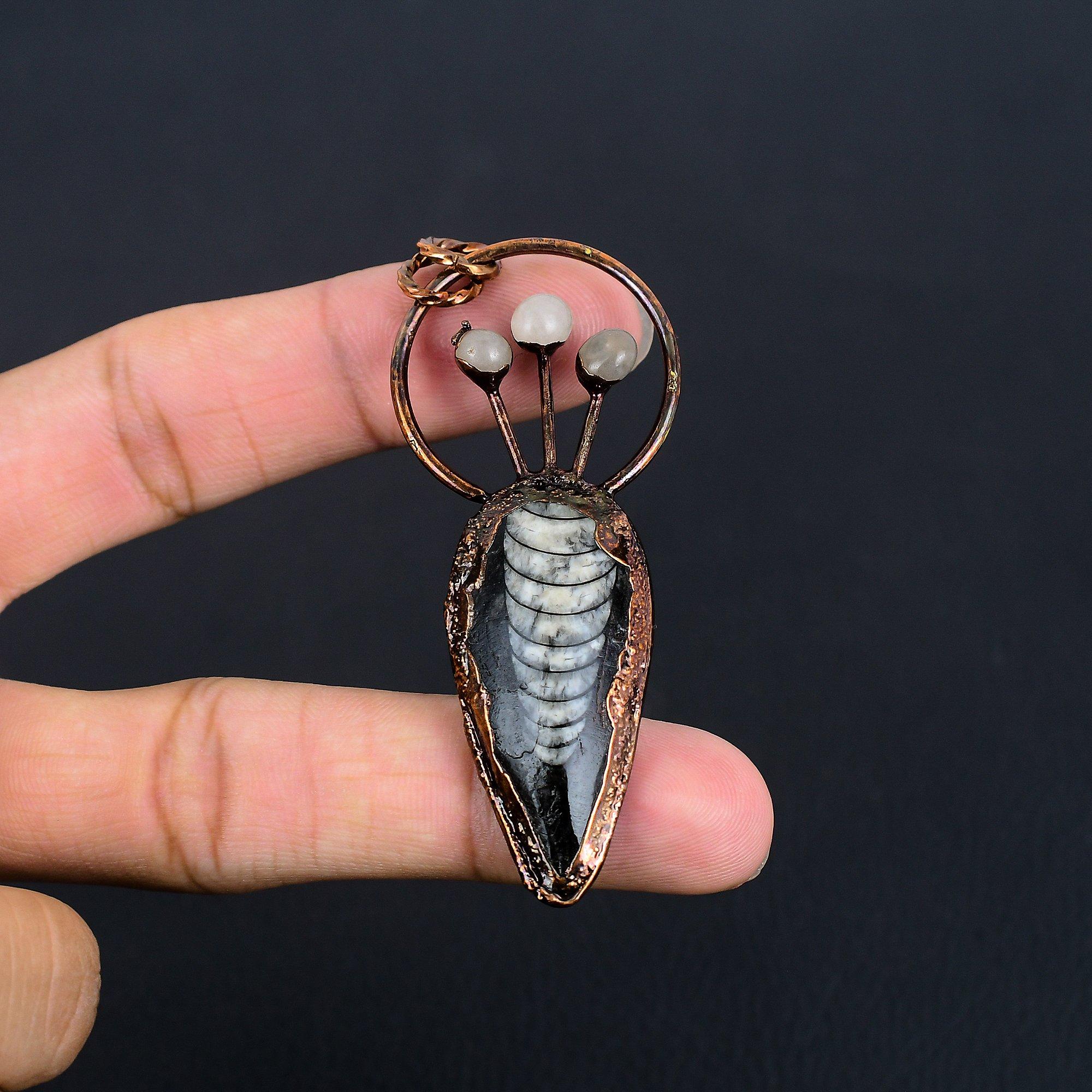 

Orthoceras Fossil Jewelry, Copper Electroformed Pendant Handmade Gemstone Jewelry, Gifts For Wedding Pendant 2.55 Inches