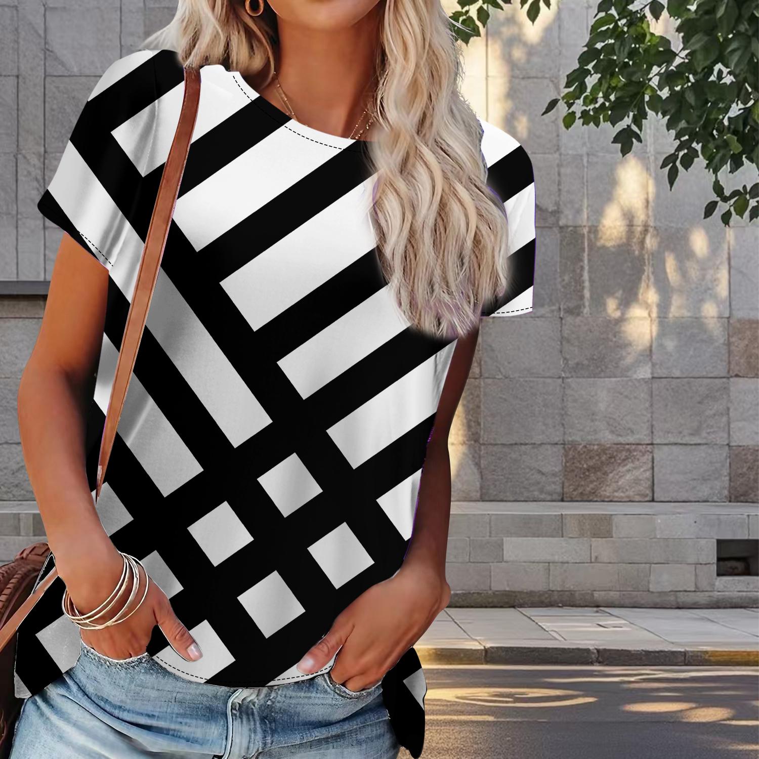 

Женская летняя футболка с геометрическим принтом в стиле ретро, футболки с коротким рукавом, повседневные топы с принтом 8XL белый