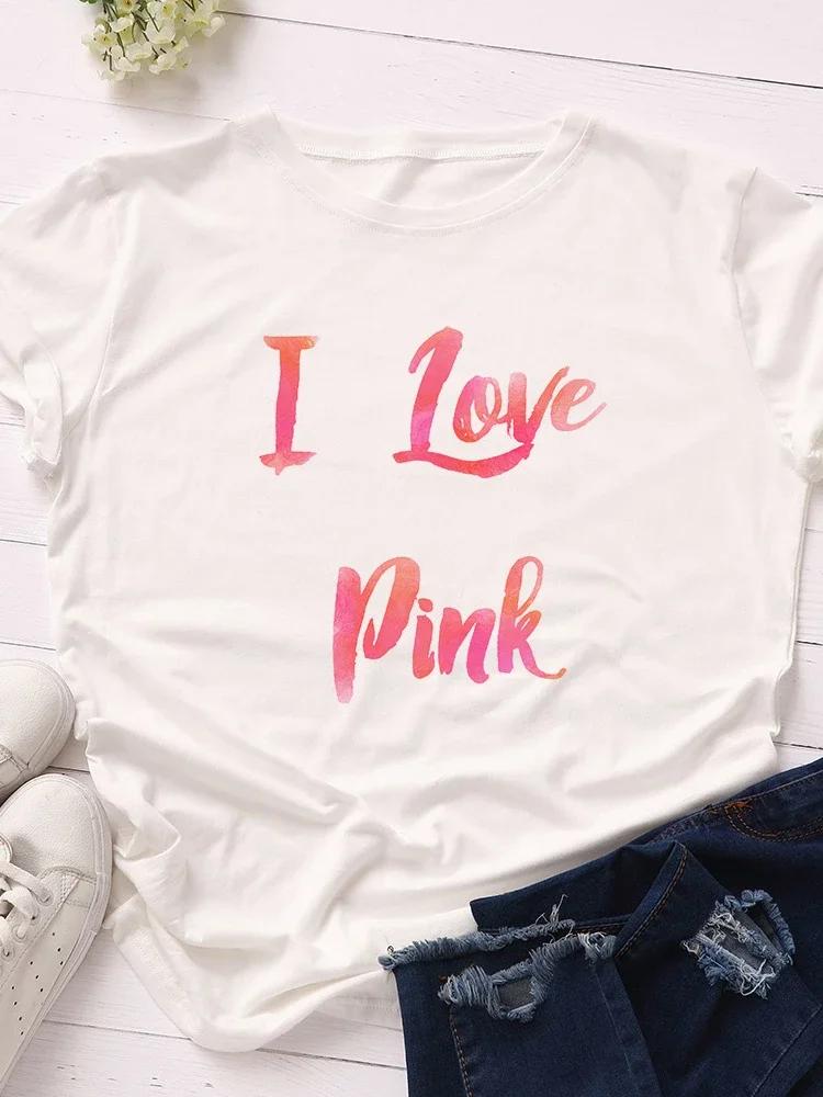 I Love Pink Letter Print Women T Shirt Short Sleeve O Neck Loose Women Tshirt Ladies Tee Shirt Tops Clothes Camisetas Mujer