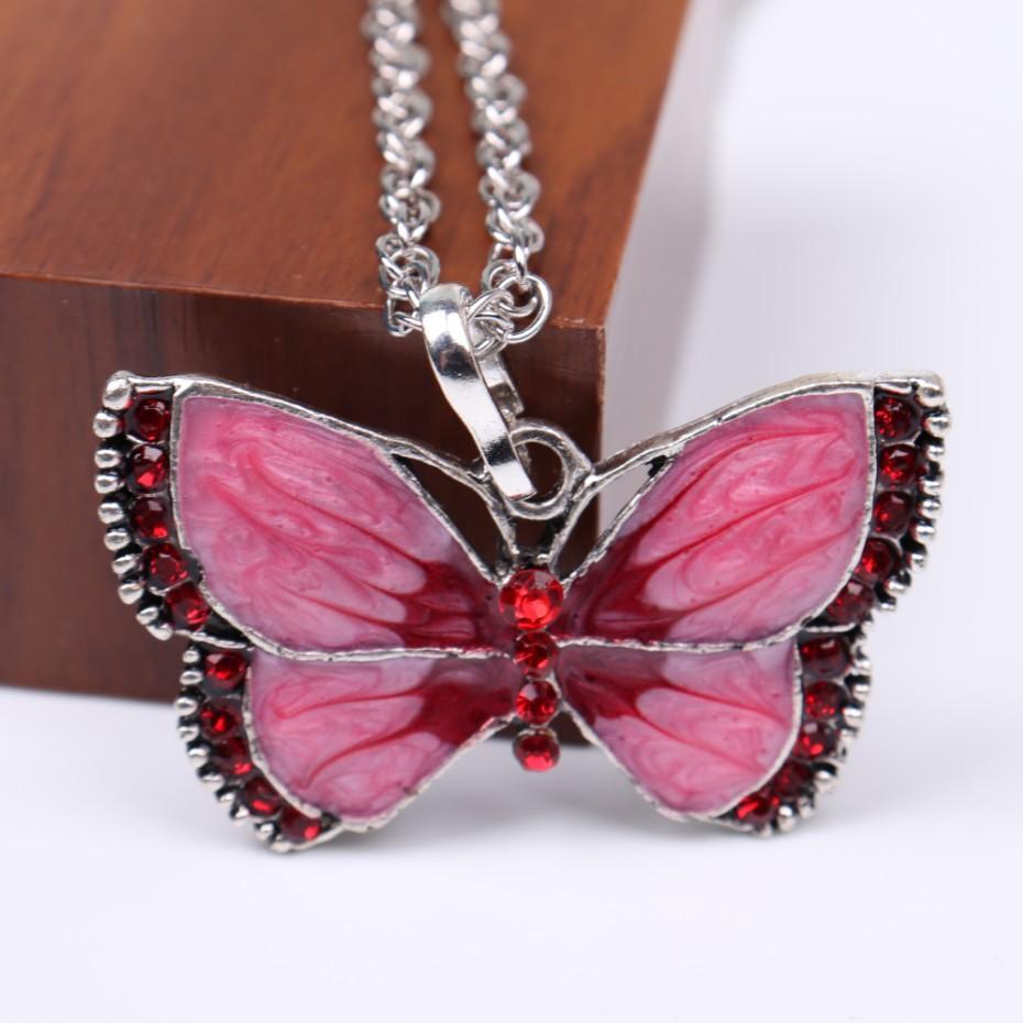 C180 Vintage Oil Drop Painted Inlaid Diamond Butterfly Necklace Alloy Fashion Long Sweater Chain Jewelry красный
