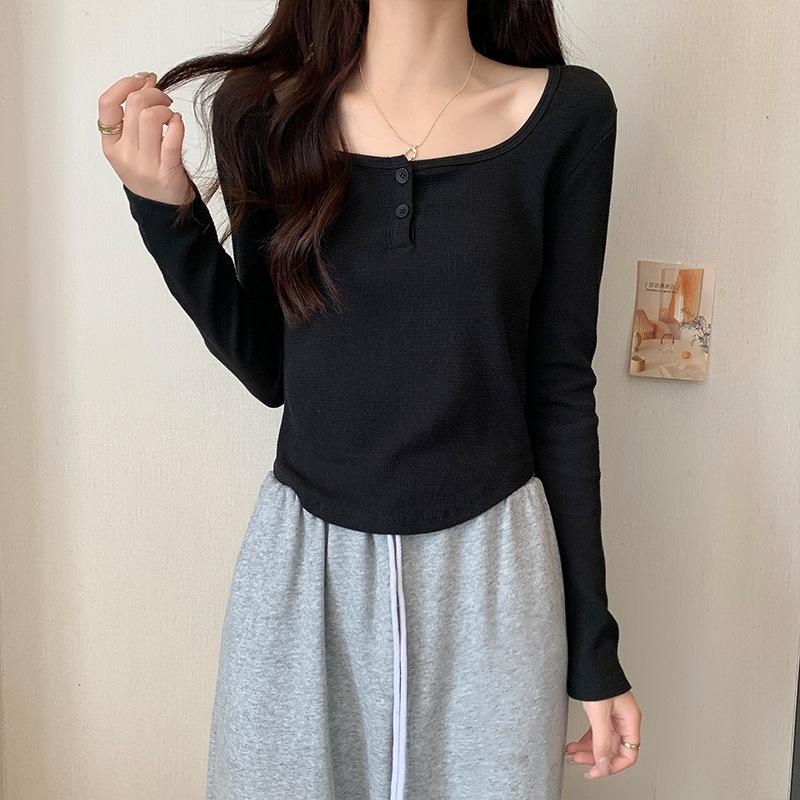 

Женская футболка с квадратным вырезом и длинными рукавами, облегающего кроя, с оригинальным дизайном, шикарный короткий топ с высокой талией, осень 2024 XL