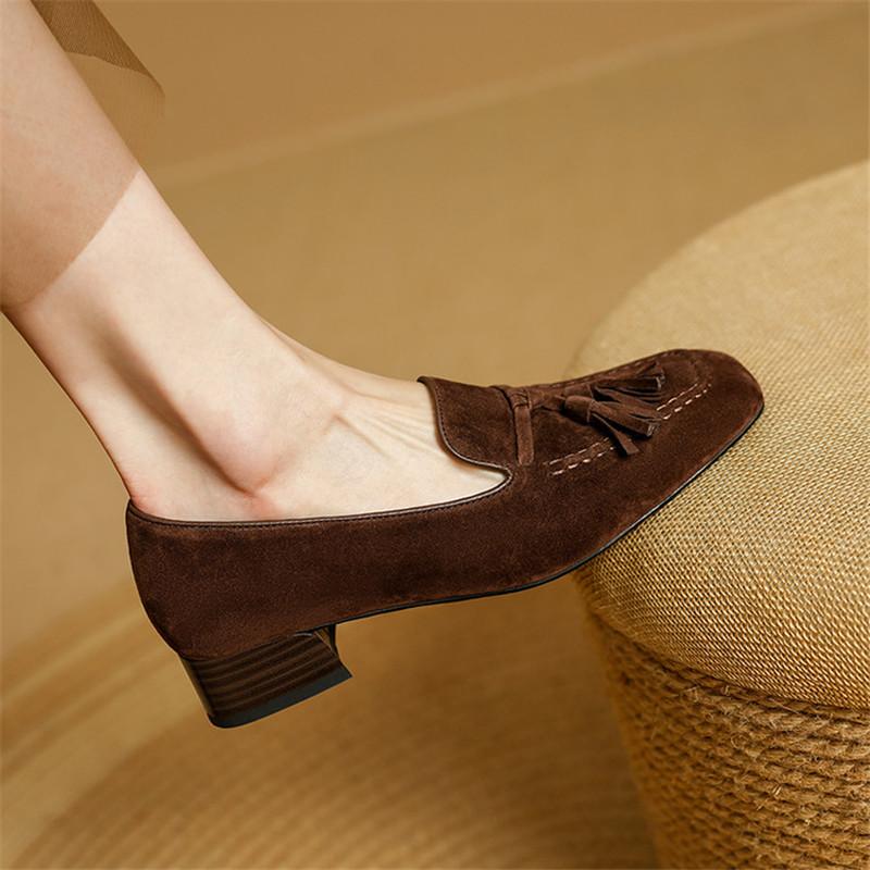 Fashion New Spring Sheep Suede Woman Shoes Square Toe Women Pumps Shoes for Women Low Heel Loafers Fashion Tassel Chunky Casual Shoes