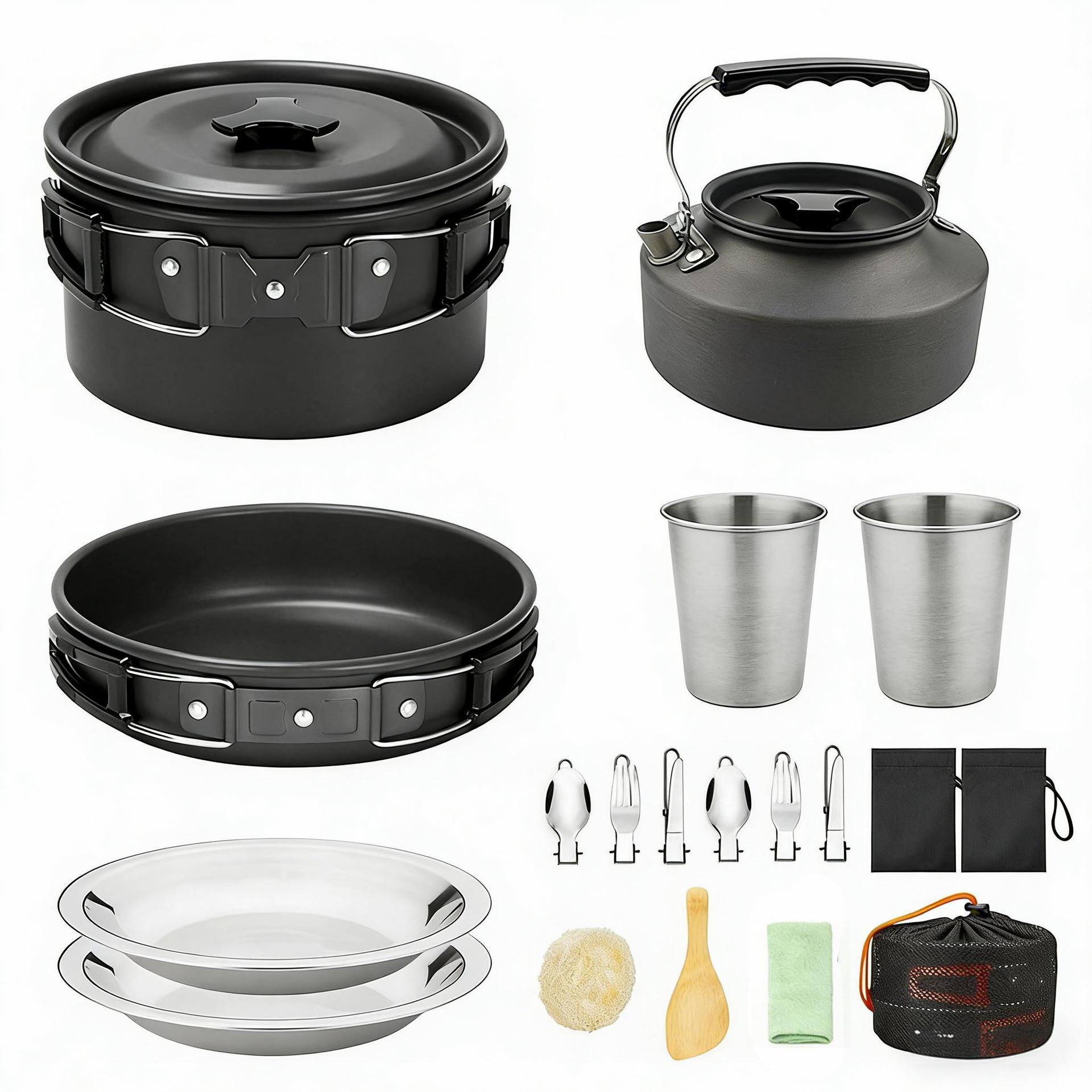 Outdoor Camping Cookware Set-Portable Aluminum Alloy Multi-Function Mess Kit with 1-2L Kettle for Hiking Travel & Picnics