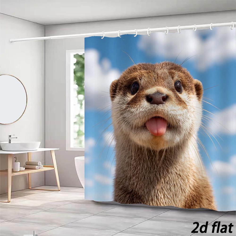 Roztomilý obličej vydry – sprchový závěs – 2D plochý, realistický fototisk, 12 háčků, 70,8×70,8 palce, Polyester, Lze prát v pračce