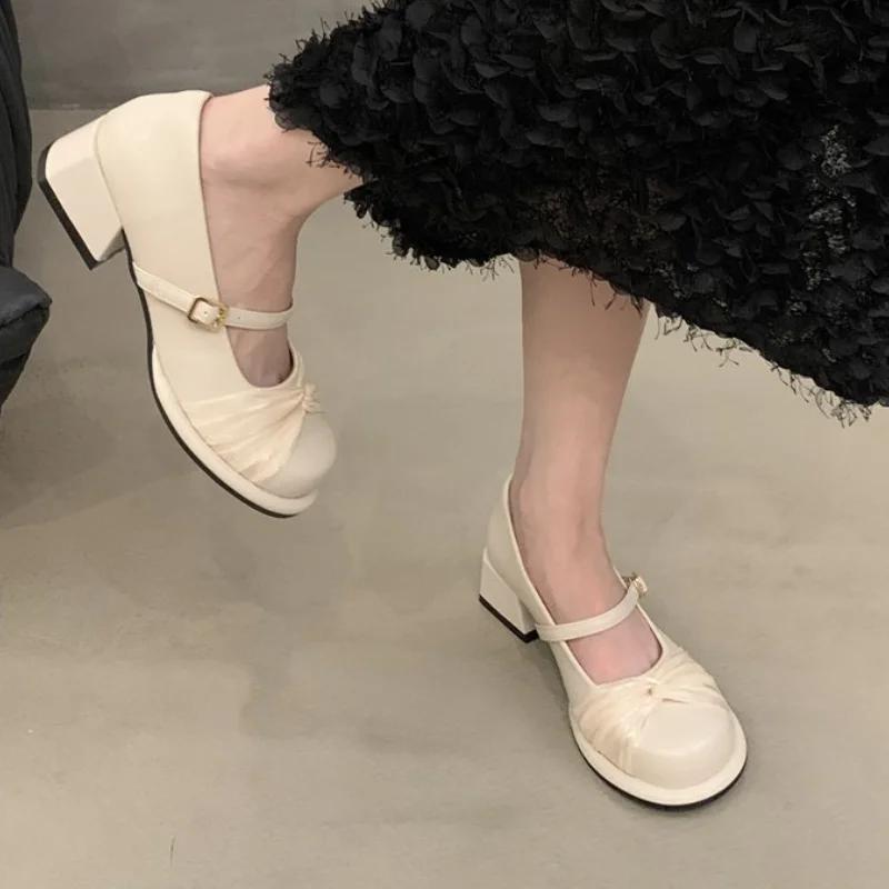 Fashion Shoes Block Heels for Women Pumps Basketball Platform 2024 Round Toe Sandals Ladies Shallow Mouth Mary Jane Retro Chunky