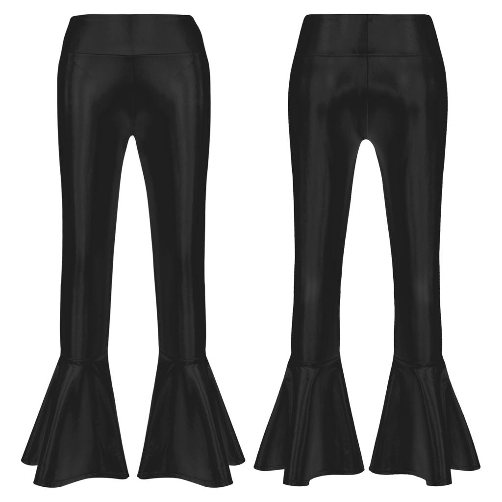 Bronzing Cloth High Waist Flare Trousers Kids Girls Dance Wear Stage Costume Ruffle Hem Bell Bottom Long Pants