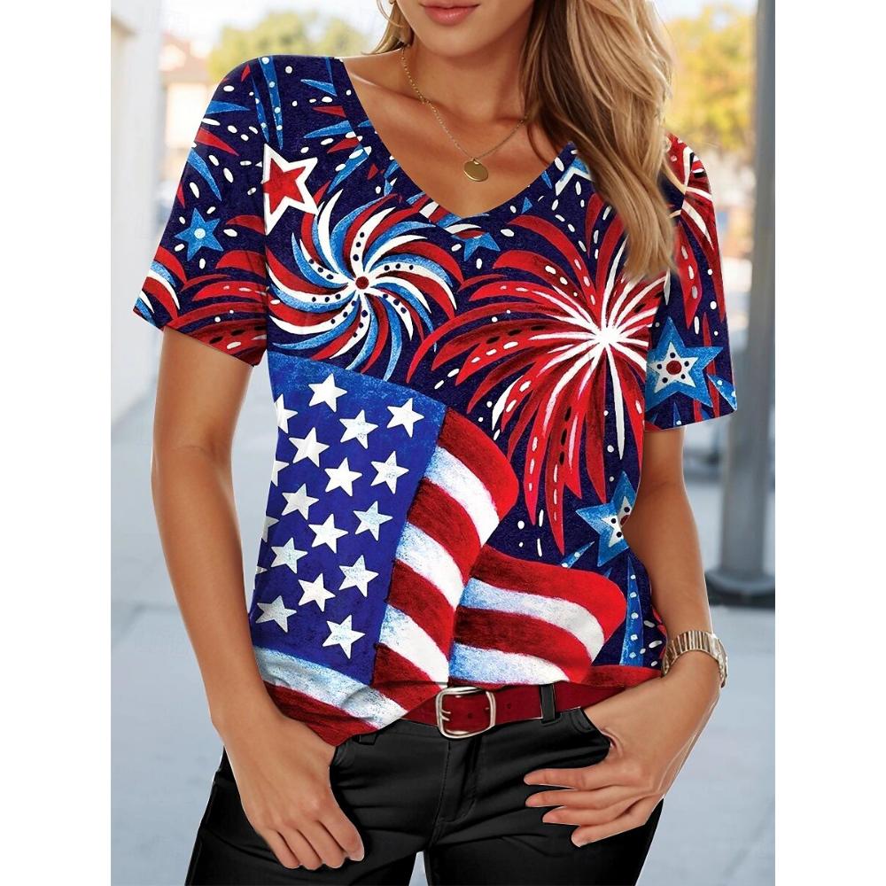 2026 New Star Print Women's T-Shirt Plus Size Top America Flag Summer Women's Trendy Clothing Short Sleeve Shirt V-Neck Blouse