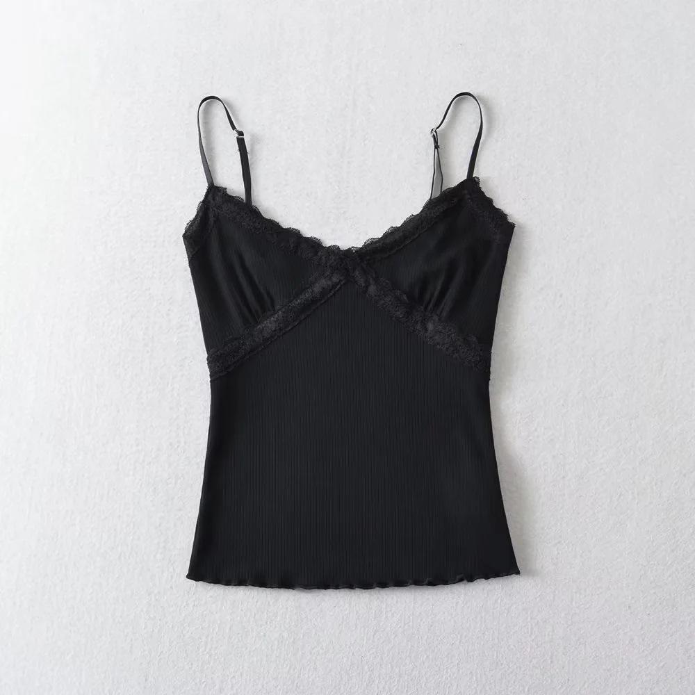 Summer 2023 Lace Trim V-Neck Stretchy Bodycon Camisole Tank Top for Women