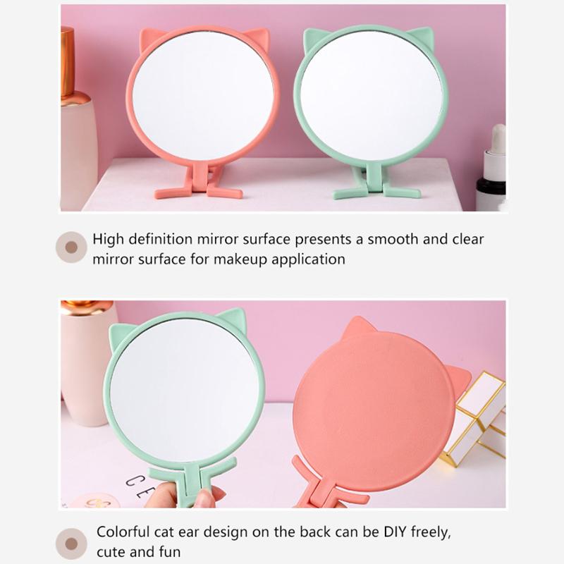 1 Stück Einfache Katzenohren Handheld HD Make-up-Spiegel Tragbar Faltbar Dual-Use Schreibtischspiegel Günstiger Studenten Hand-Make-up-Spiegel