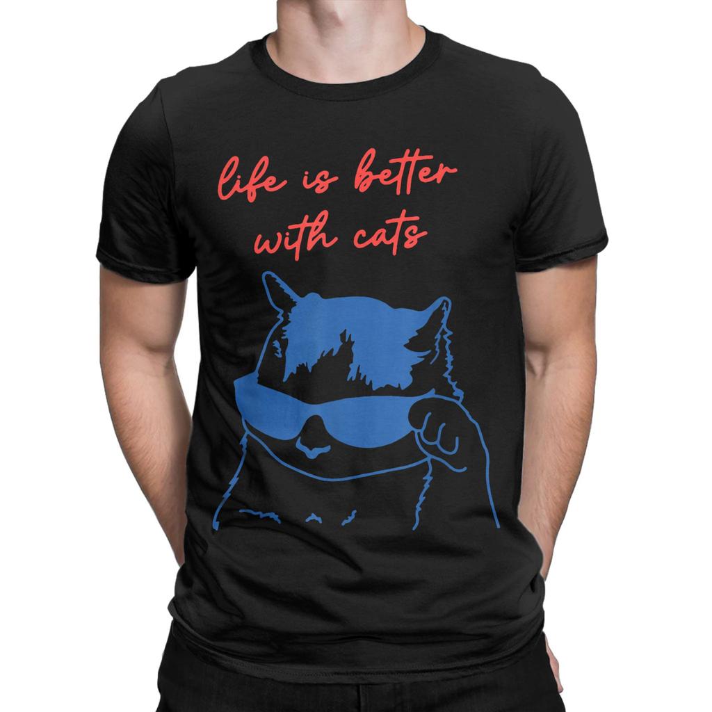 Life is Better with Cats Cute cat Gift y2k Graphic Men's T Shirts  Fun Tee Shirt Short Sleeve Round Neck T-Shirts Cotton Clothes