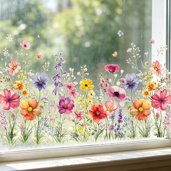 Adesivo Colorato Floreale per Finestra Primavera Estate Fiori Selvatici Statico Pellicole per Finestra Biadesive Decalcomanie Anti-Collisione per Porte in Vetro per Soggiorno Camera da Letto